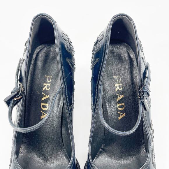 Vintage Prada 1996 Blue Leather Floral Appliqué Block Heel Mary Jane Pumps IT 39 - Picture 8 of 15